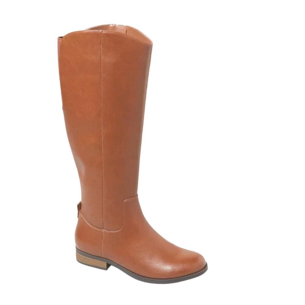 Womens Tall Riding Boots Cognac Faux Leather Side Zip Comfort Low Heel Size‎ 7.5
